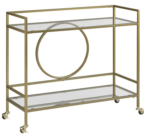 Kuchynský vozík zlatý kovový rám sklenená doska 75 x 45 cm na kolieskach úložný priestor glamour obývacia izba