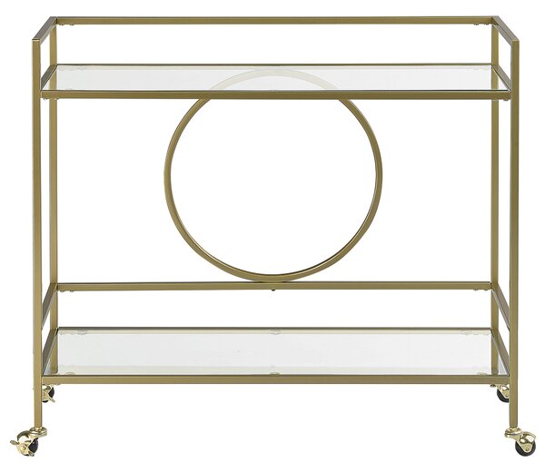 Kuchynský vozík zlatý kovový rám sklenená doska 75 x 45 cm na kolieskach úložný priestor glamour obývacia izba