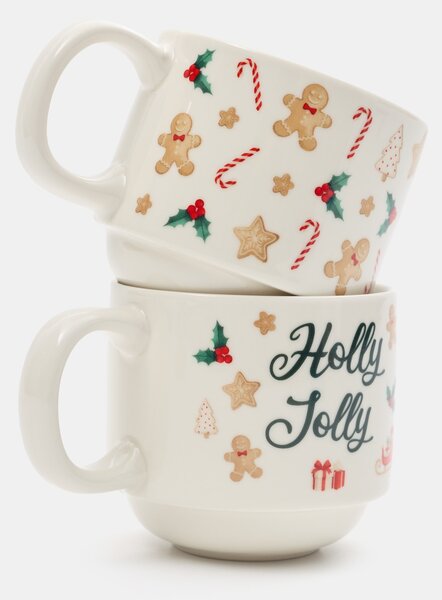 Sinsay - Vianočné keramické hrnčeky s motívom medovníkov a nápisom „Holly Jolly“ 2 ks - viacfarebná