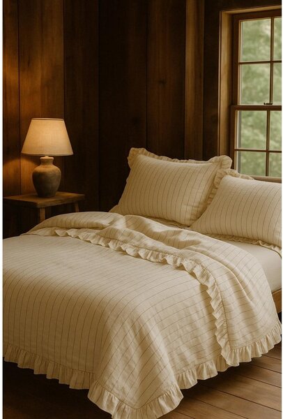 Béžové obliečky na dvojlôžko/predĺžené z bavlny Renforcé 240x220 cm Amalia Striped – Mila Home Luxury