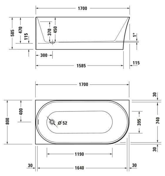 Duravit DuraSenja - Voľne stojaca vaňa 1700x800 mm do ľavého rohu, biela 700580000000000