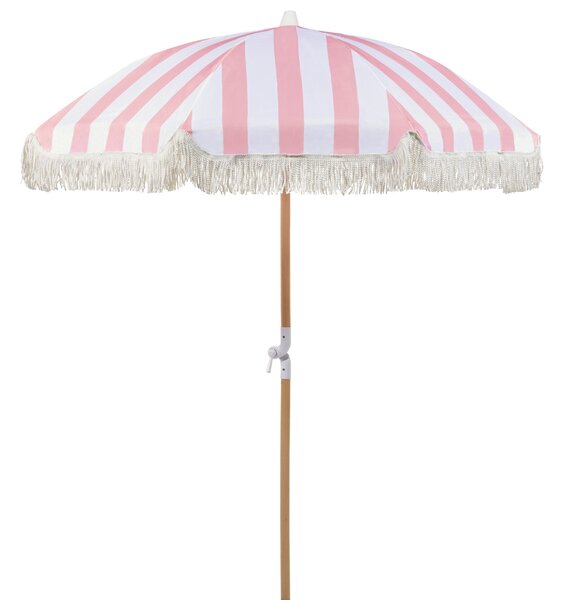 Záhradný slnečník ružový a biely polyester tyč z bukového dreva ⌀ 150 cm okrúhly retro dizajn nastaviteľný UV odolný