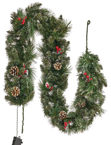 Vianočná girlanda zelená syntetický materiál 180 cm LED svetlá umelé šišky bobule nastaviteľné vetvičky