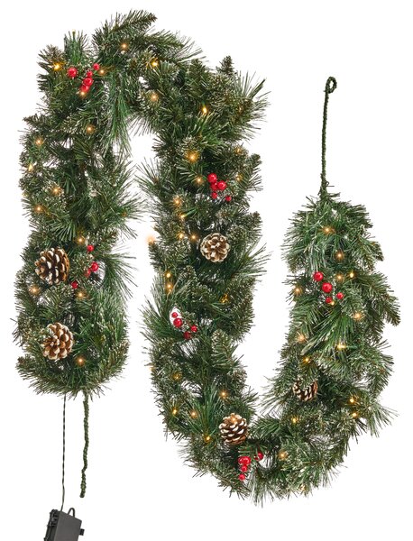Vianočná girlanda zelená syntetický materiál 180 cm LED svetlá umelé šišky bobule nastaviteľné vetvičky