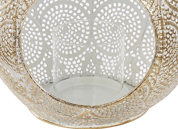 Lampáš zlatý kovový 33 cm so skleneným držiakom na sviečku orientálny ozdobný boho