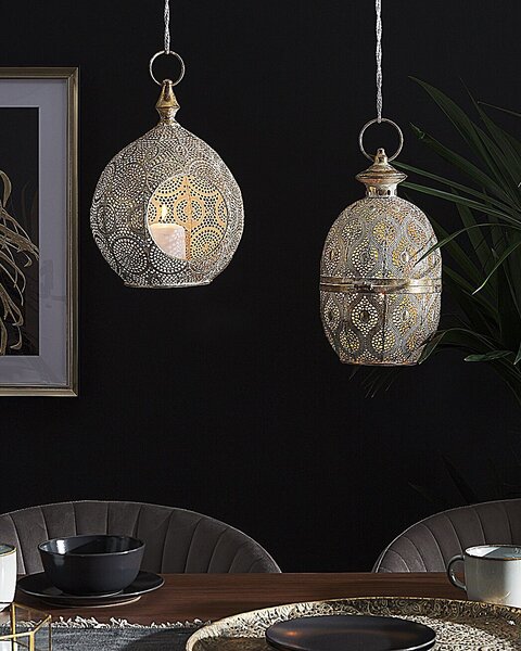 Lampáš zlatý kovový 33 cm so skleneným držiakom na sviečku orientálny ozdobný boho