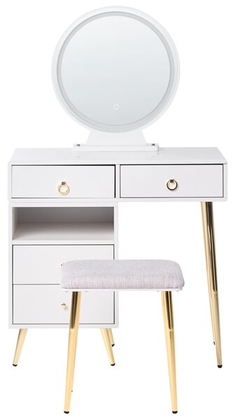 Toaletný stolík biela a zlatá MDF 6 zásuviek LED zrkadlo stolička nábytok do obývačky glamour dizajn
