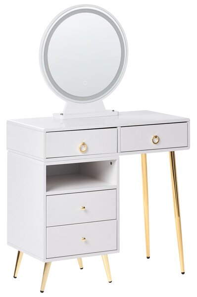 Toaletný stolík biela a zlatá MDF 6 zásuviek LED zrkadlo stolička nábytok do obývačky glamour dizajn