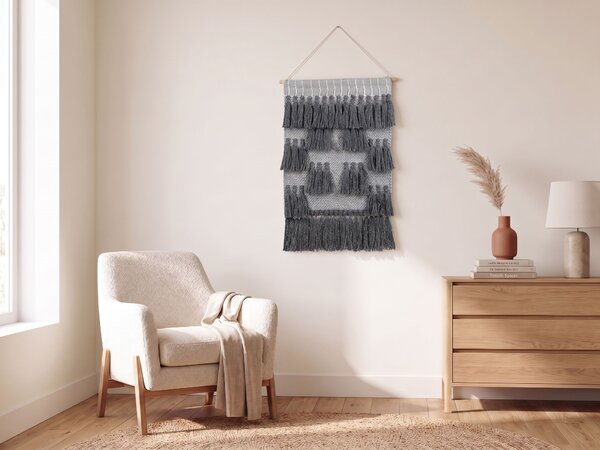 Závesná nástenná dekorácia sivá bavlnená ručne tkaná so strapcami boho dekorácia moderný štýl obývacia izba spálňa