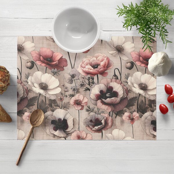 Biante Dekoračné prestieranie na stôl Terra TRA-003 Ružovo-biele kvety na sivobéžovom 30x40 cm