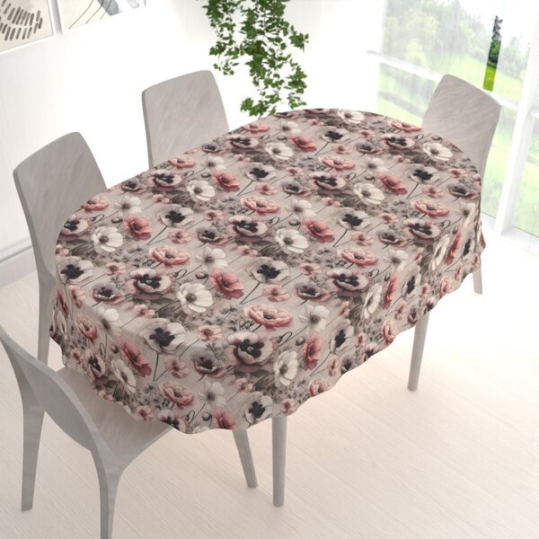 Biante Dekoračný oválny obrus Terra TRA-003 Ružovo-biele kvety na sivobéžovom 50x100 cm