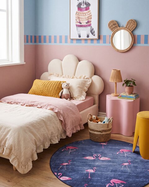 Koberec sivý ružový polyester 120 x 120 cm krátky vlas plameniaky tlačený guľatý