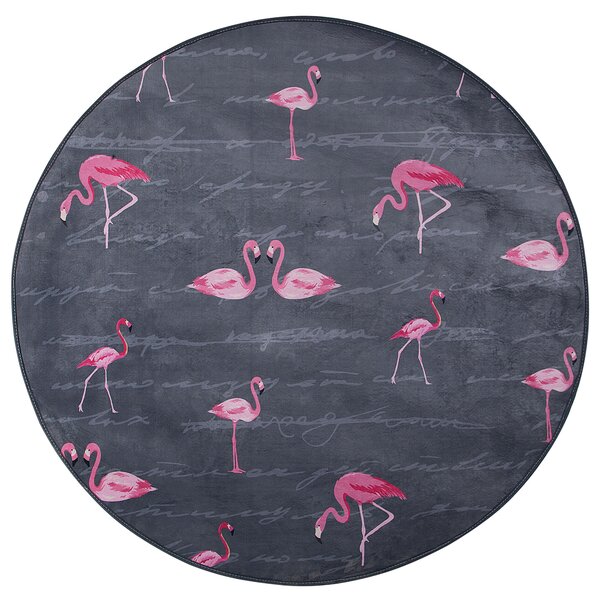 Koberec sivý ružový polyester 120 x 120 cm krátky vlas plameniaky tlačený guľatý