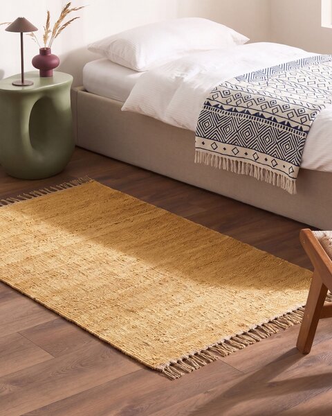 Koberec žltý jutový 80 x 150 cm ručne tkaný so strapcami boho štýl spálňa predsieň
