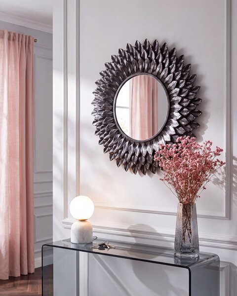 Nástenné zrkadlo strieborná železo sklo 70 cm okrúhly tvar dekoratívny rám moderný glamour štýl obývačka spálňa