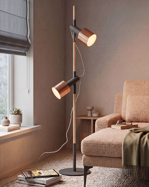 Stojaca lampa medený kov čierna svetlé drevo 125 cm nastaviteľné kovové tienidlá moderný štýl obývačka spálňa