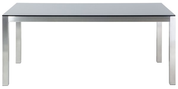 Záhradný jedálenský stôl čierna sklenená doska 180 x 90 cm pre 6 osôb strieborné nohy z nehrdzavejúcej ocele