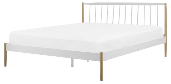 Manželská posteľ z bieleho kovu s drevenými nohami 160 x 200 cm, manželská posteľ s rámom a čelo, retro škandinávsky štýl