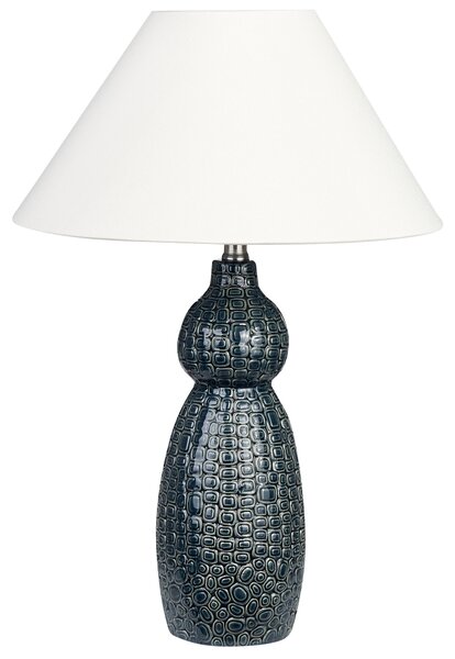Stolná lampa tmavomodrý keramický podstavec biele látkové tienidlo nočná lampa obývačka spálňa