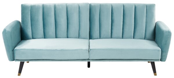 Rozkladacia pohovka svetlomodrá zamatové čalúnenie vhodná na spanie elegantná moderná obývacia izba spálňa