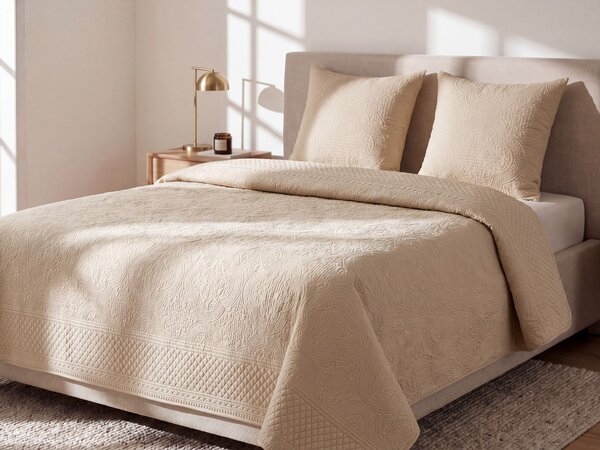 Prikrývka na posteľ s vankúšmi sivobéžová polyester 140 x 210 cm reliéfny vzor prehoz posteľná bielizeň moderný tradičný štýl spálňa