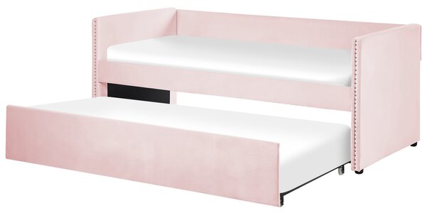 Rozkladacia posteľ svetloružová zamatová čalúnená 90 x 200 cm nábytok do spálne