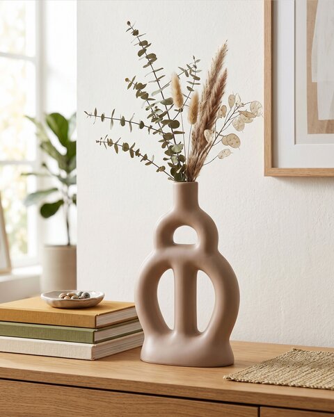 Váza na kvety béžová porcelánová 28 cm moderný abstraktný tvar vodoodolný bytový doplnok do obývačky