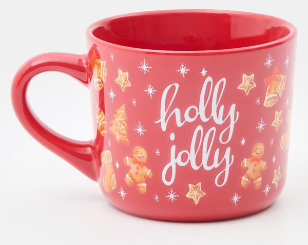 Sinsay - Vianočný keramický hrnček s motívom medovníkov a nápisom „Holly Jolly“ - červená
