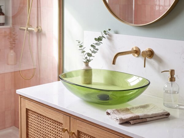 Umývadlo na dosku zelené priehľadné z materiálu solid surface 54 x 36 cm moderná kúpeľňa