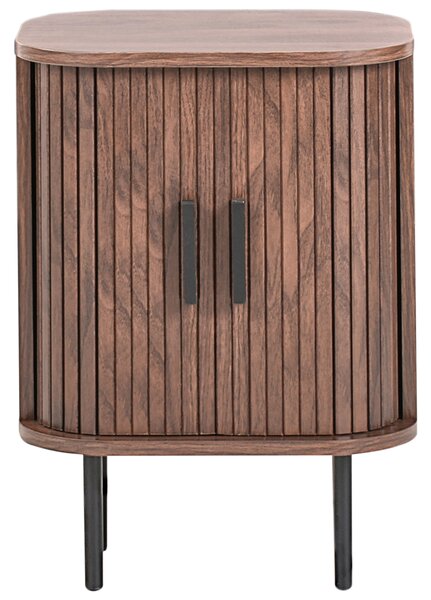 Nočný stolík tmavohnedý čierne nohy MDF kov 40 x 30 cm retro štýl posuvné dvierka obývacia izba