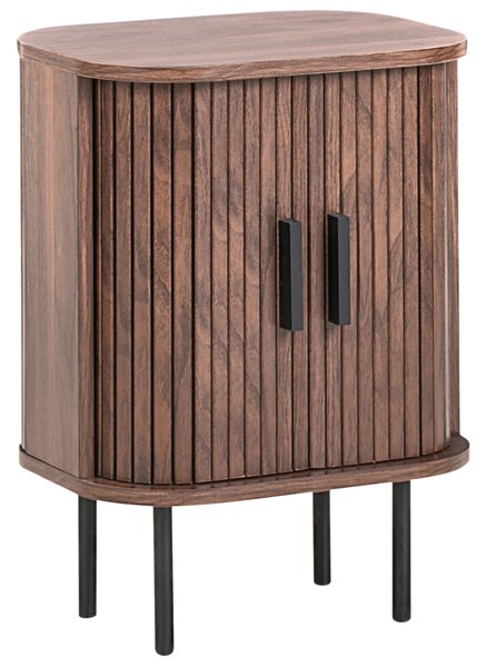 Nočný stolík tmavohnedý čierne nohy MDF kov 40 x 30 cm retro štýl posuvné dvierka obývacia izba