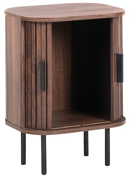 Nočný stolík tmavohnedý čierne nohy MDF kov 40 x 30 cm retro štýl posuvné dvierka obývacia izba