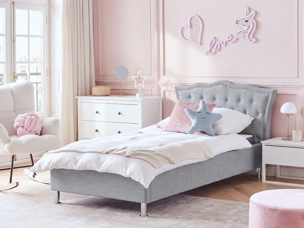 Posteľ sivá látkové čalúnenie 90 x 200 cm prešívané čelo s gombíkmi moderný glamour štýl spálňa