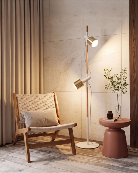 Stojaca lampa zlatý kov biela svetlé drevo 125 cm nastaviteľné kovové tienidlá moderný štýl obývačka spálňa