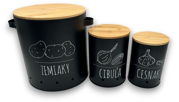 Orion Sada 3 dóz na cibuľu, cesnak a zemiaky, plechové s bambusovým vekom BLACK SK