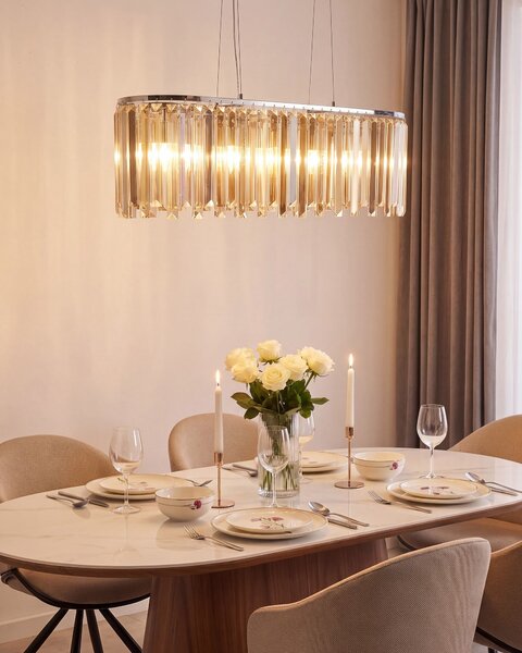 Luster strieborný železný závesná lampa so sklenenými kryštálmi chrómovaný povrch glamour štýl obývacia izba jedáleň