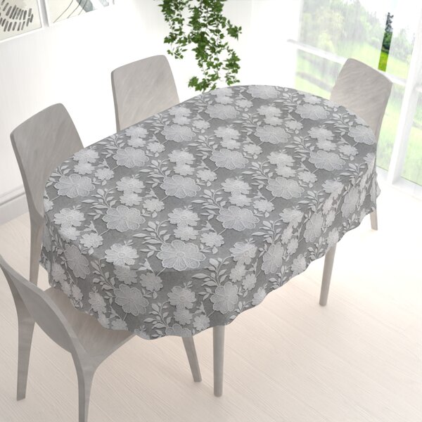 Biante Dekoračný oválny obrus Terra TRA-006 Vyšívané biele kvety na zelenosivom 50x100 cm