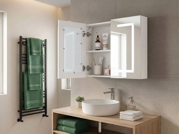 Zrkadlová skrinka do kúpeľne biela strieborná preglejka sklo 60 x 60 cm s LED osvetlením moderný štýl