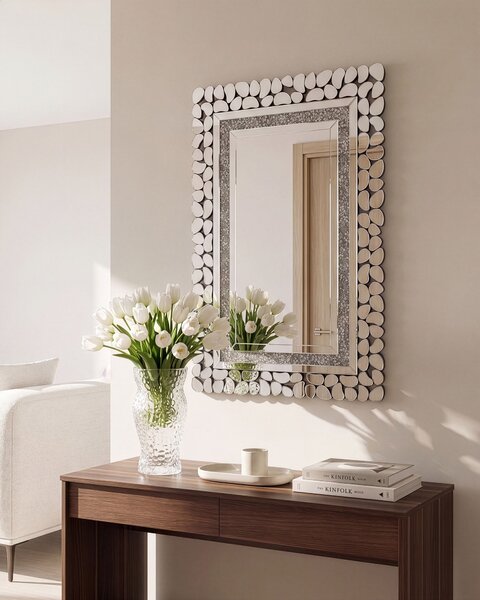 Nástenné zrkadlo strieborná MDF sklo 60 x 90 cm obdĺžnikový tvar lesklý povrch ozdobný rám moderný glamour štýl obývačka spálňa