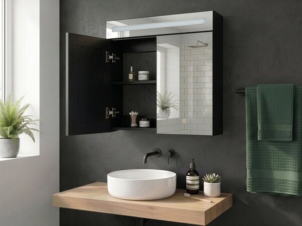 Zrkadlová skrinka do kúpeľne čierna strieborná preglejka sklo s LED osvetlením 60 x 60 cm moderný štýl