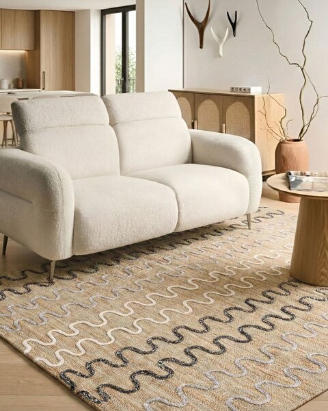 Koberec béžový juta 140 x 200 cm geometrický vzor ručne tkaný obdĺžnikový tvar rustikálny boho štýl obývačka spálňa