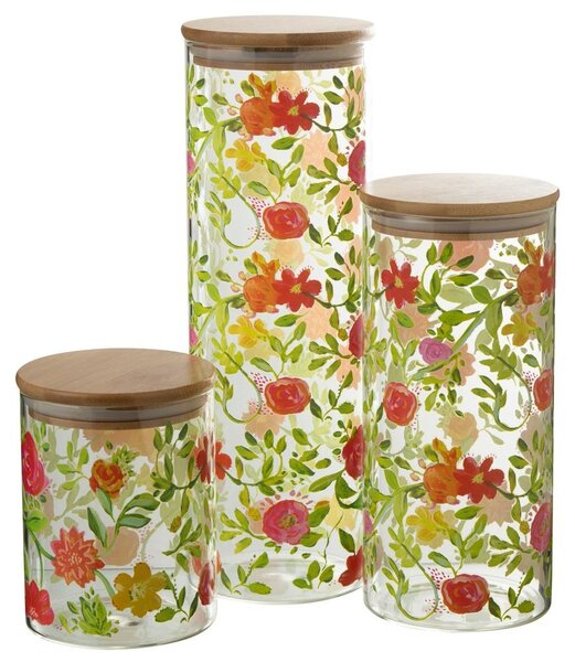 Sklenená dóza na potraviny s dreveným viečkom a kvetmi Floral glass - Ø10*30cm / 1900ml - J-Line by Jolipa