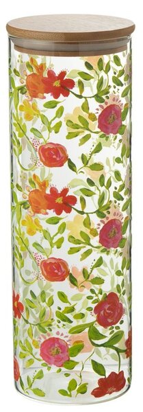Sklenená dóza na potraviny s dreveným viečkom a kvetmi Floral glass - Ø10*30cm / 1900ml - J-Line by Jolipa