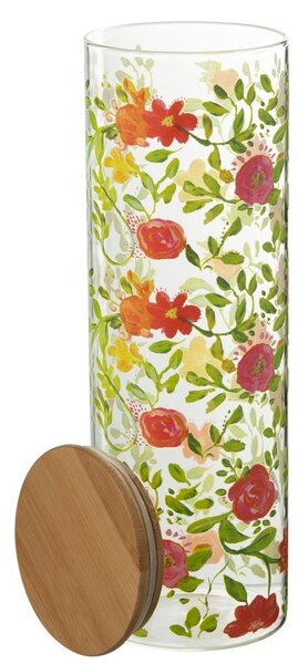 Sklenená dóza na potraviny s dreveným viečkom a kvetmi Floral glass - Ø10*30cm / 1900ml - J-Line by Jolipa