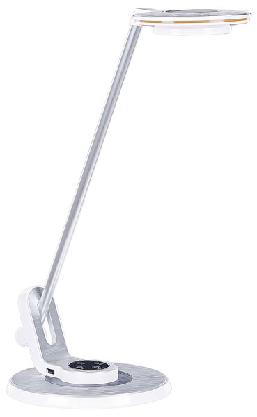 LED stolová lampa strieborná kovová kancelárska lampa s nastaviteľným ramenom a stmievačom USB port