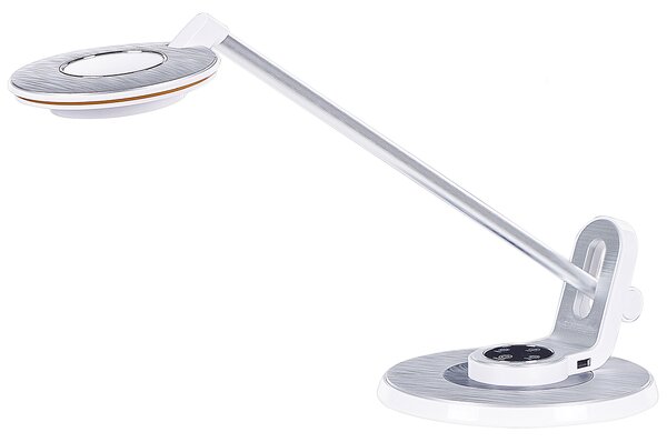 LED stolová lampa strieborná kovová kancelárska lampa s nastaviteľným ramenom a stmievačom USB port