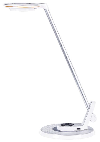 LED stolová lampa strieborná kovová kancelárska lampa s nastaviteľným ramenom a stmievačom USB port