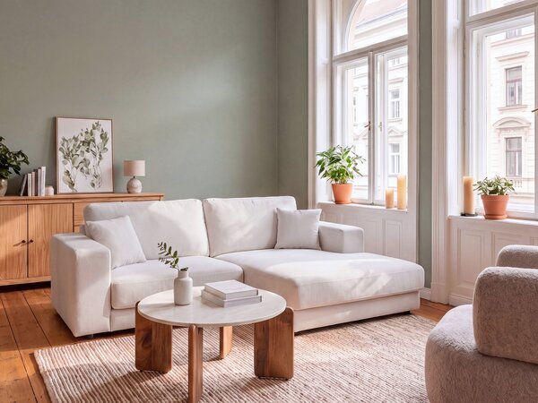Rohová pohovka 3-miestna krémová biela čalúnená ľavý roh bočné opierky extra vankúše minimalistický moderný štýl