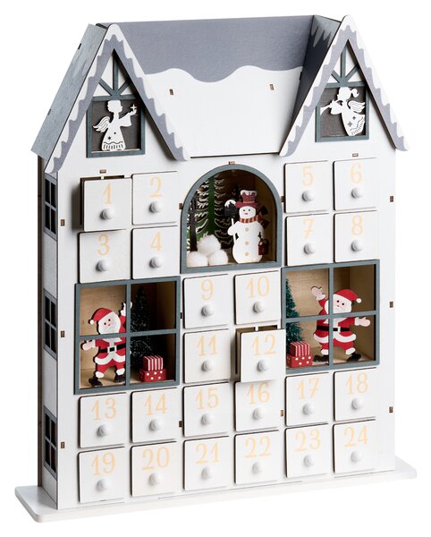 Vianočná LED dekorácia biely drevený adventný kalendár v tvare domčeka vianočné dekorácie interiér