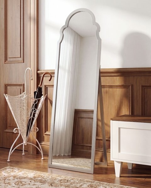 Stojace zrkadlo strieborné MDF rám sklo 40 x 150 cm vysoké so stojanom moderný dizajn
